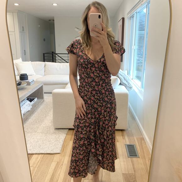 No. 6 Store New York 100% Silk Floral V-Neck Short Sleeve Midi Dress Size 1 - Picture 1 of 6